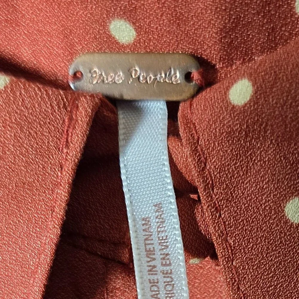 Free People Rust Polka Dot Blouse Small Romantic Boho Ruffle Button Top - Picture 8 of 11